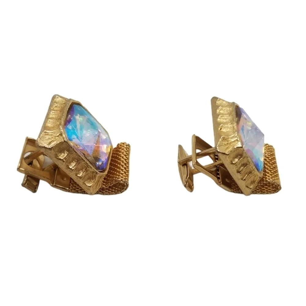 VINTAGE GOLDTONED & LARGE AURORA BOREALIS CRYSTAL STATEMENT CUFFLINKS